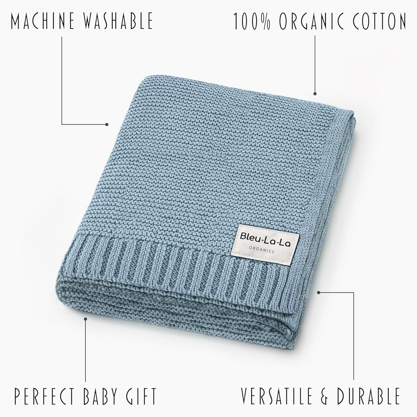 Organic Cotton Heritage Knit Receiving Blanket for Boys - 100% Luxury Soft Organic Cotton - Warm Cozy Swaddle Cuddle Crib Blanket for Newborns Infants & Toddlers (0-2Yrs - Sky Blue)