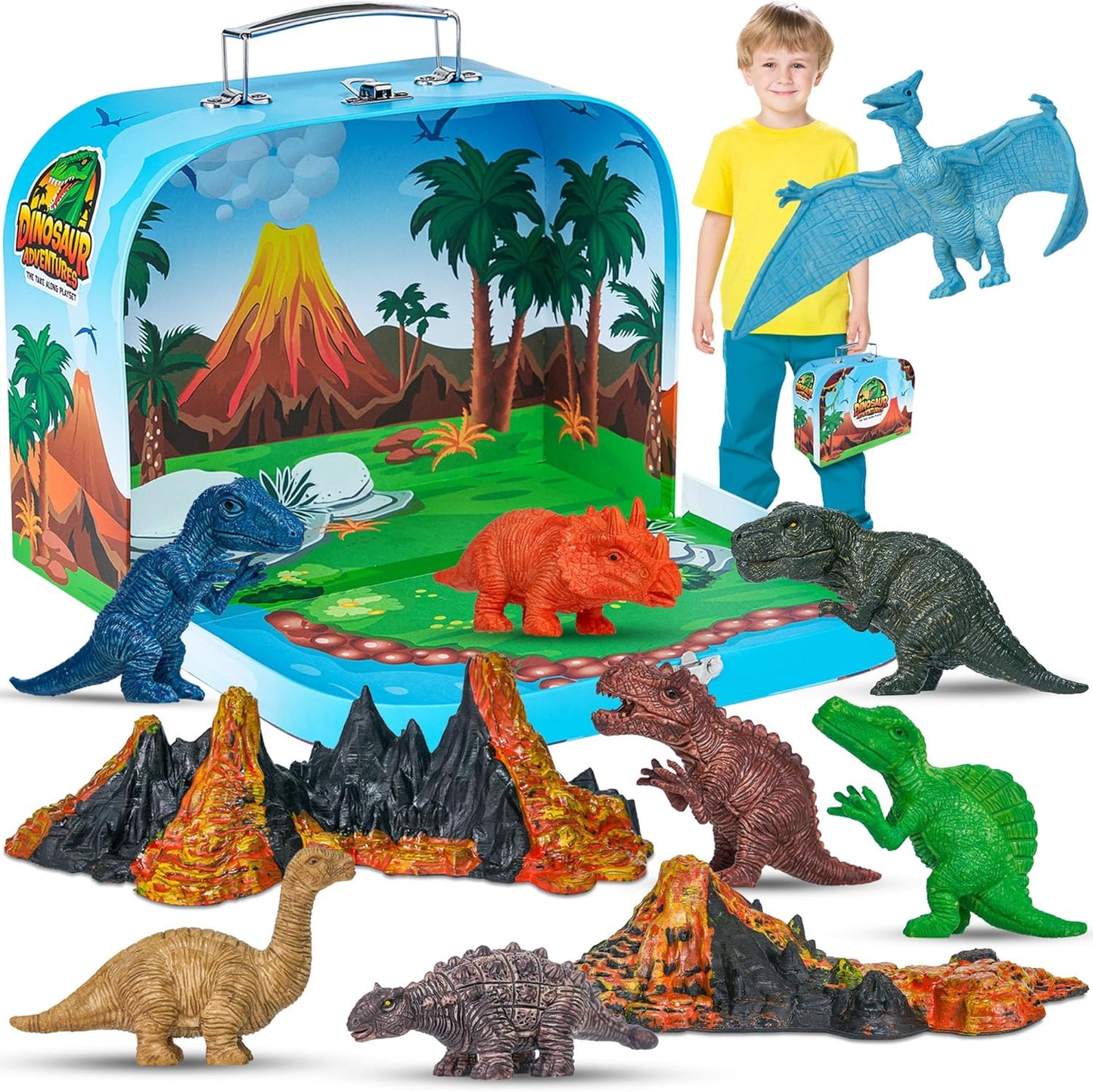 Dinosaurs Carry Case Set - with Play Scenery Inside, 8 Dinosaur Figures & 2 Volcanic Landscape | Toddler Toys for Kids 3-5