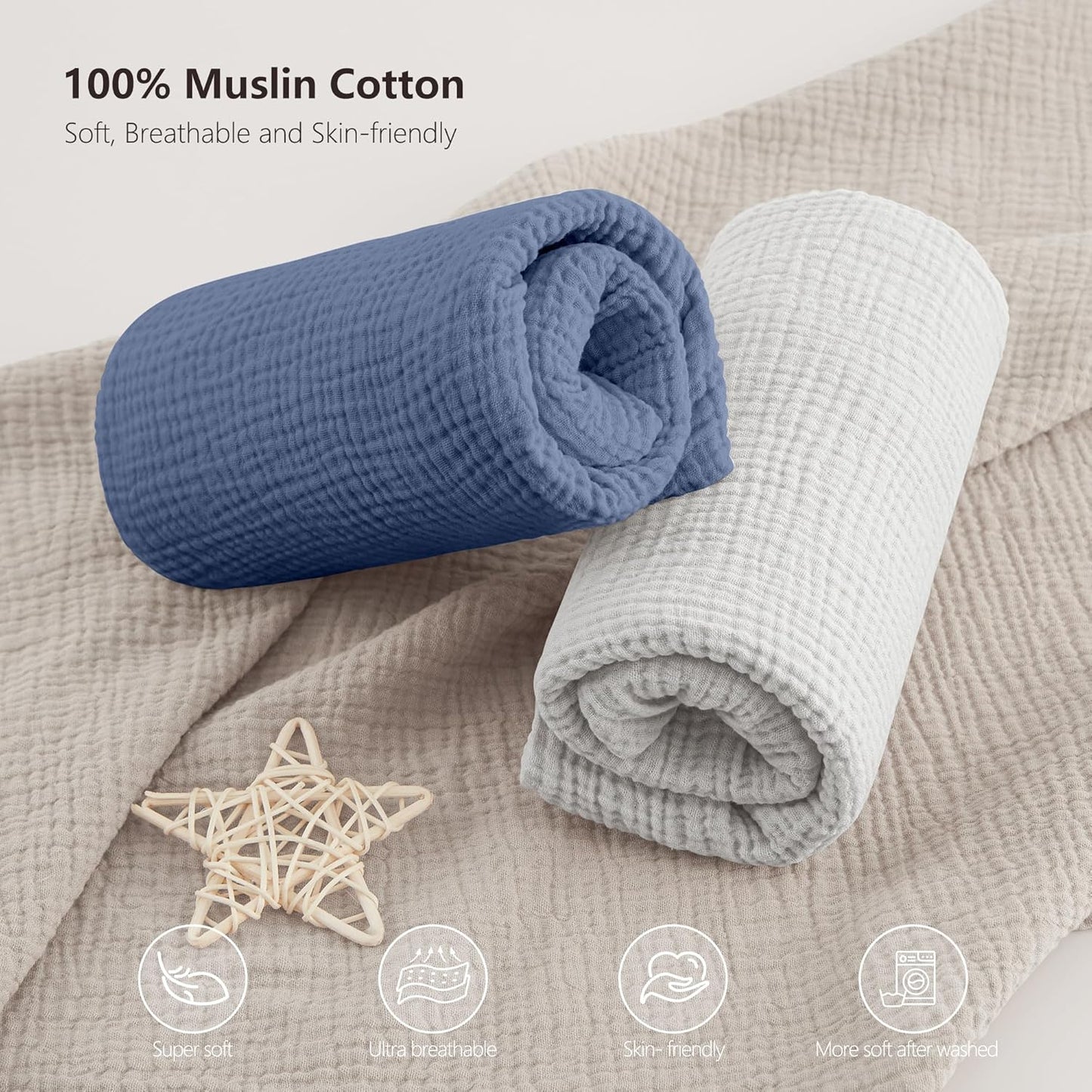 Bearmoss Muslin Crib Sheets 100% Cotton Baby Crib Sheets Fitted for Standard Crib Mattress & Toddler Bed Mattress 52"x28" Soft Breathable Crib Sheet Neutral for Boys Girls - 2 Pack (Blue Elephant)