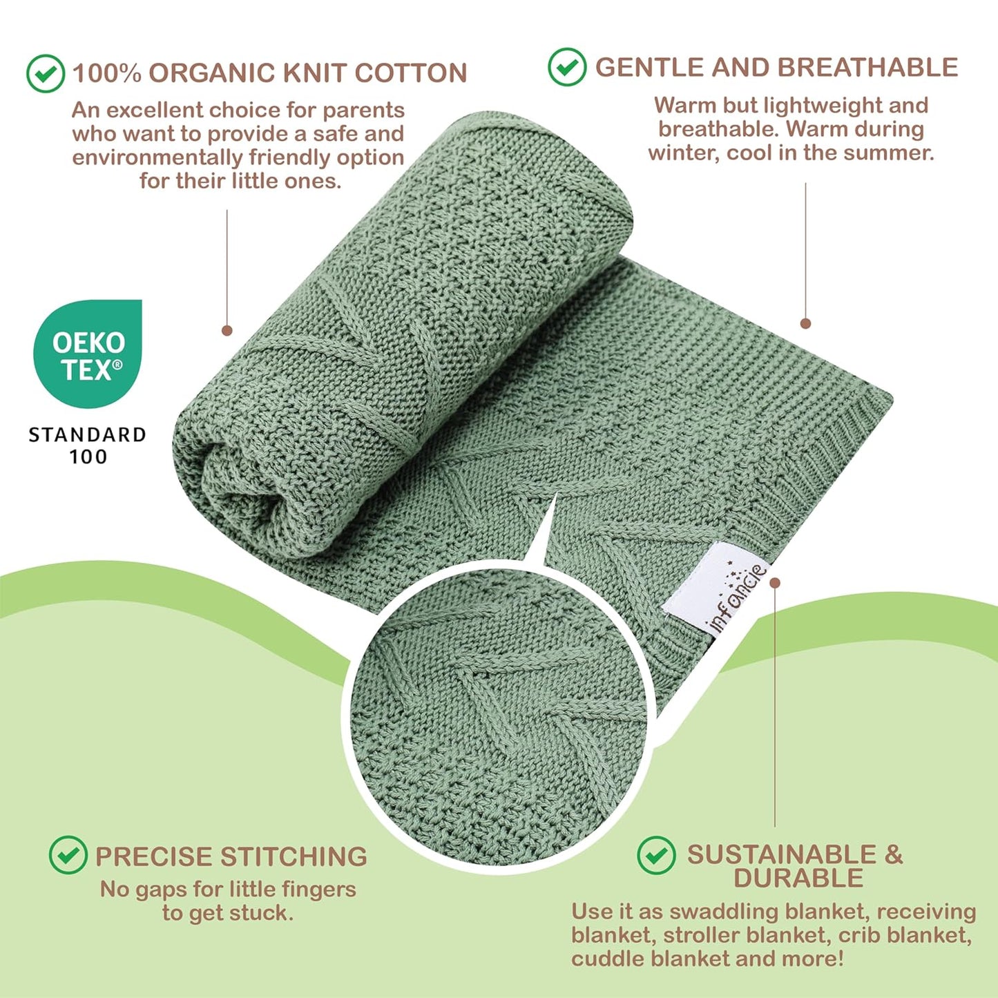 Organic Cotton Baby Blanket - 31.5 x 43.3 Inches, Soft Knitted Crib Blanket for Boys & Girls, Breathable Design (Green)