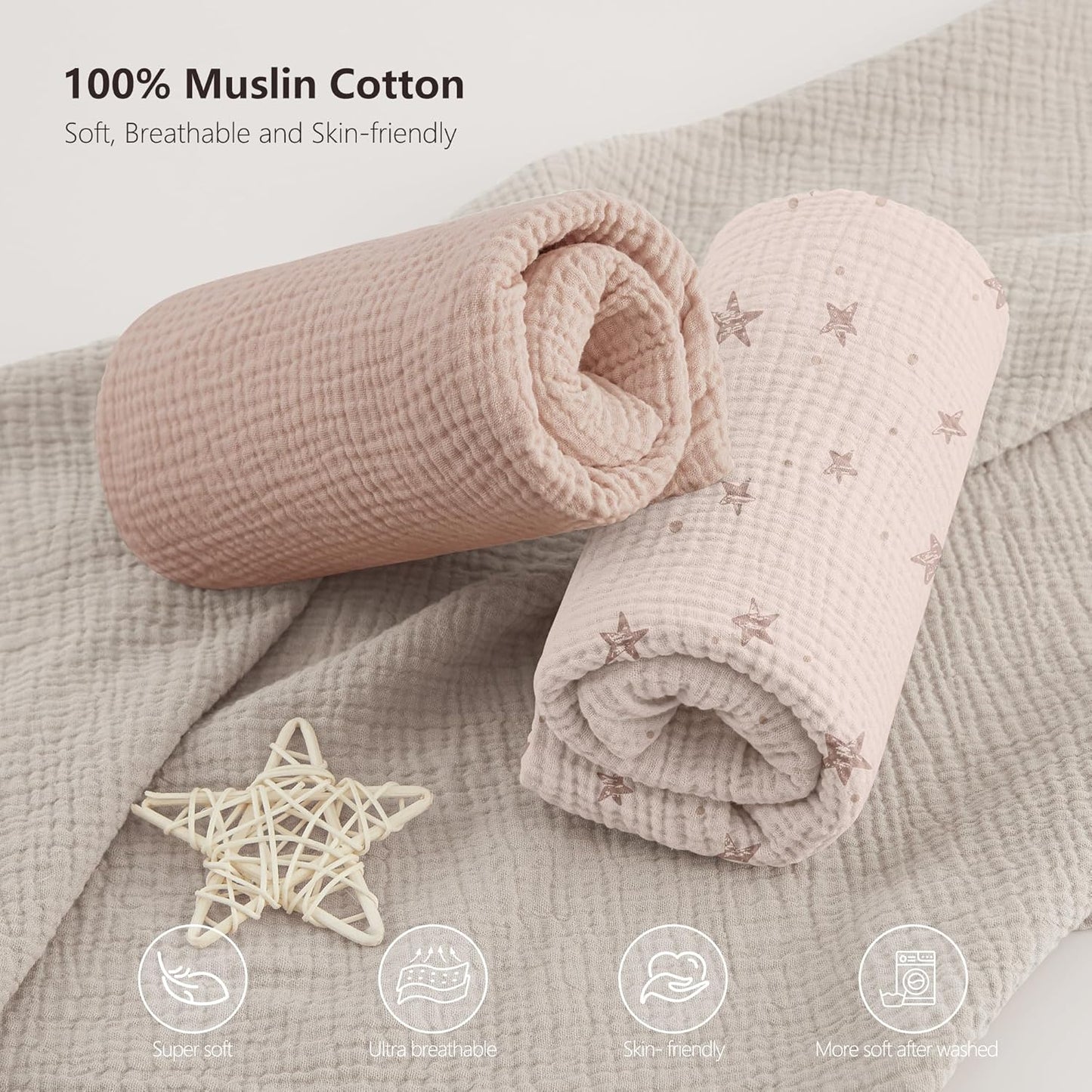 Bearmoss Muslin Crib Sheets - 100% Cotton Baby Crib Sheets Fitted for Standard Crib Mattress & Toddler Bed Mattress 52"x28" Soft Breathable Crib Sheet Neutral for Boys Girls - 2 Pack (Pink Star)