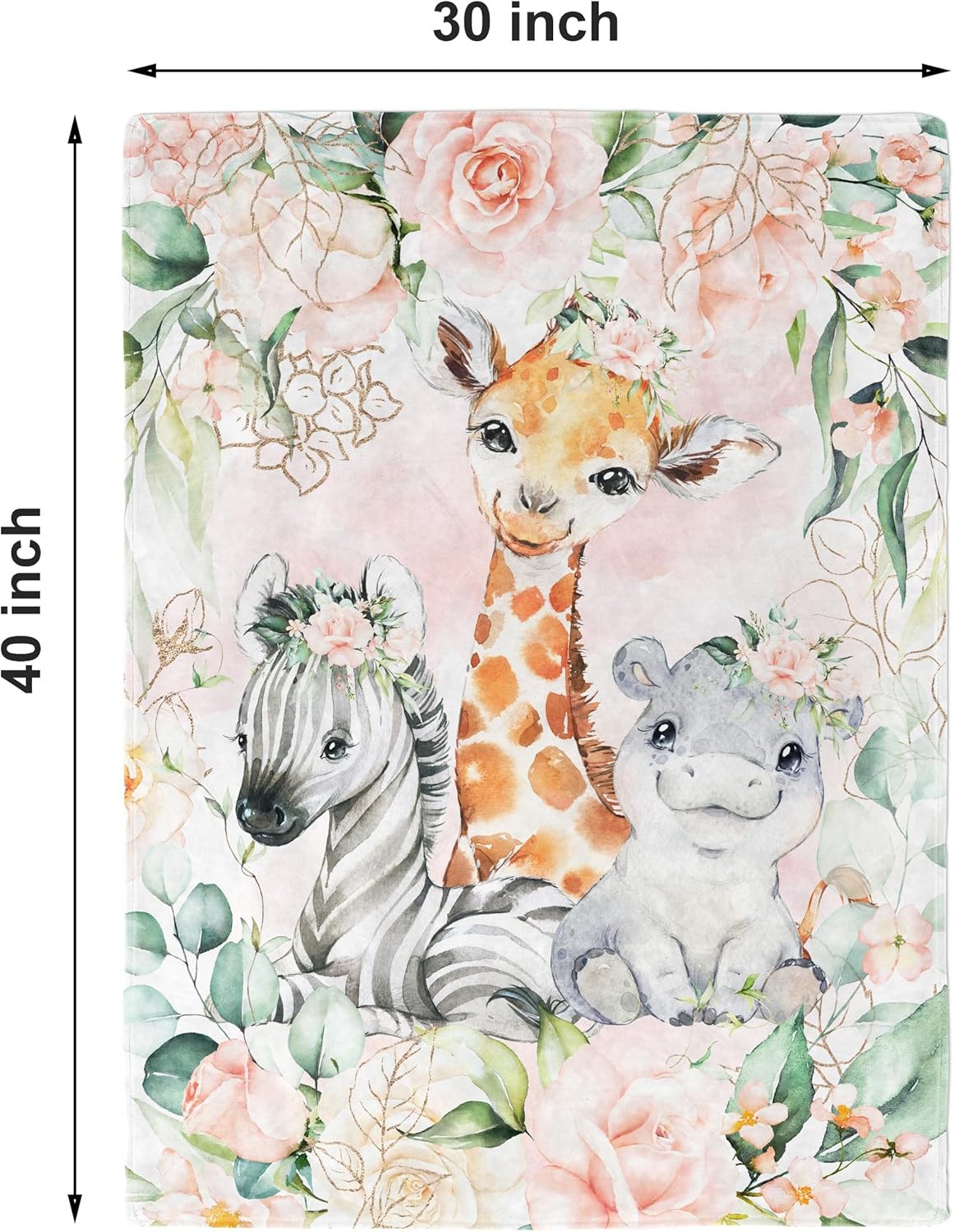 UNIQUE Rose Flowers Safari Ultra Soft Fleece Baby Blanket 30x40in, Cute Zebra Hippo Giraffe Baby Blanket, Girl