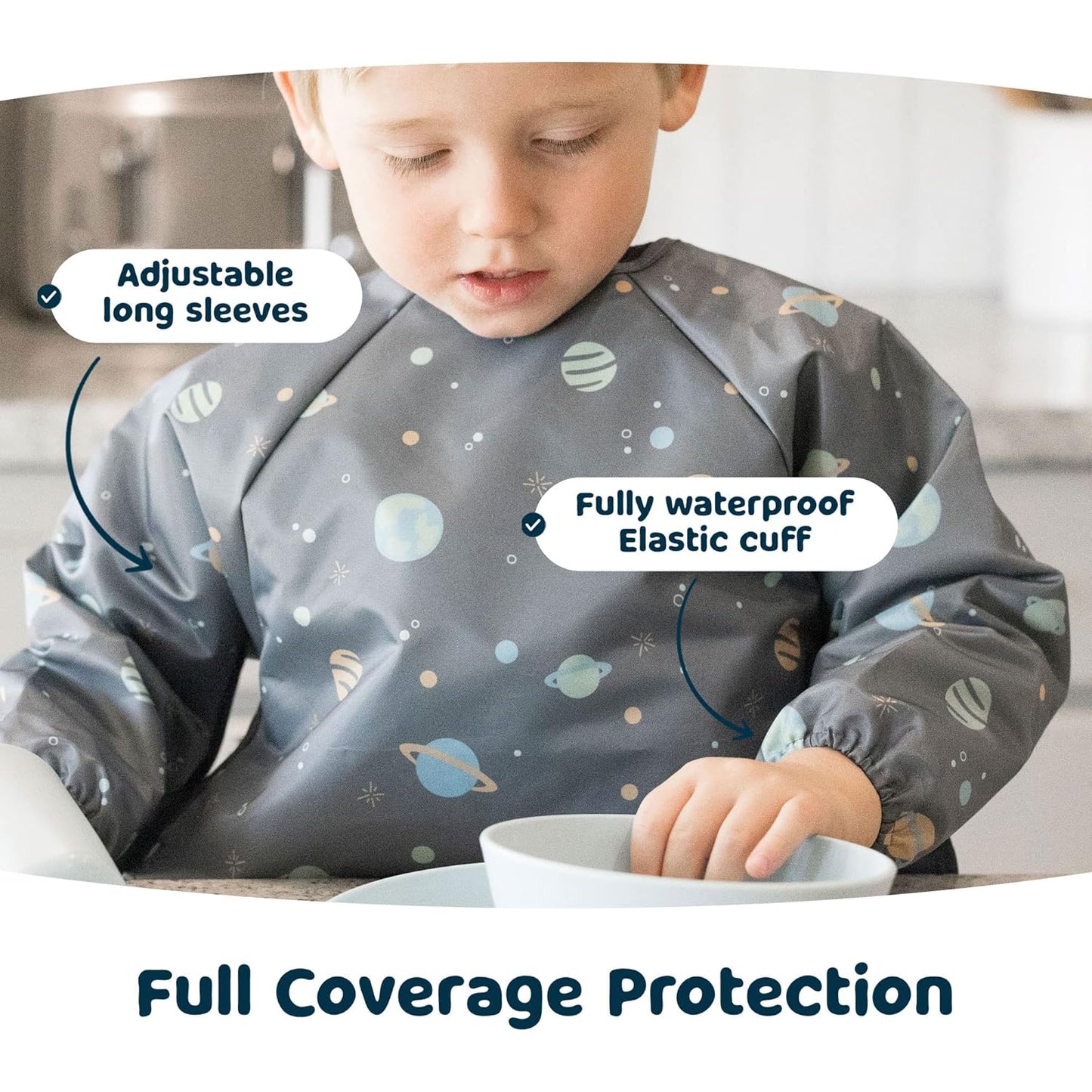 Tiny Twinkle Mess Proof Baby Bib,Waterproof Smock Baby Bib for Eating,Machine Washable Long Sleeve Bib,Baby Led Weaning,Toddler Bib,BLW Supplies(Space, Small 6-24 Months)