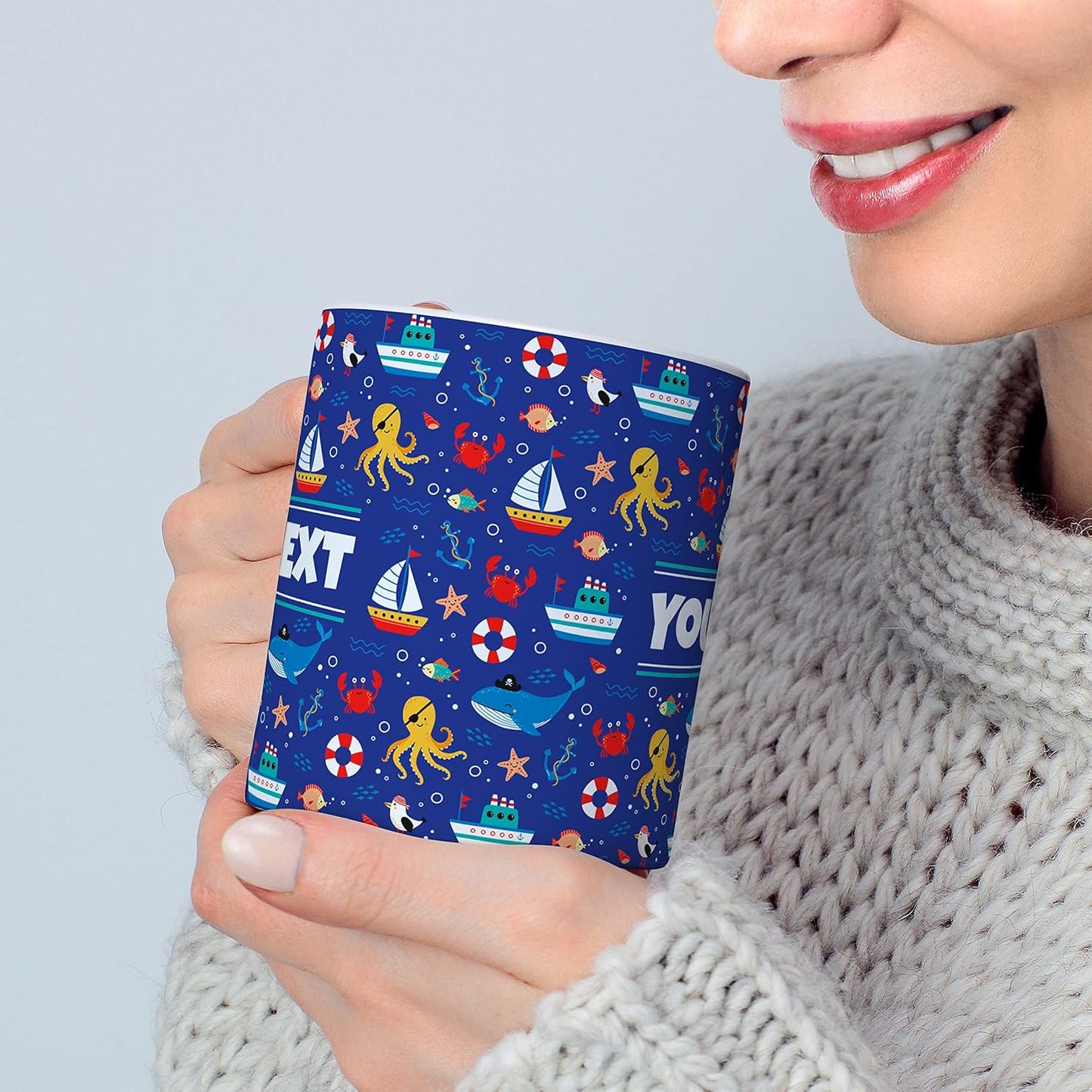 Personalized Mug for Kids - Nautical - Custom Name/Text, Ceramic Hot Chocolate/Cocoa/Coffee Cup for Boys/Girls, Birthday/Christmas/Holiday Gift - 15 oz, Navy Blue Handle