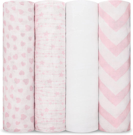 Comfy Cubs Muslin Swaddle Blankets Pack of 4, 47 x 47 Inches, Soft Cotton Baby Blanket Set, Large Multipurpose Swaddling Wraps for Newborns - Self-Soothing Swaddle - Pink