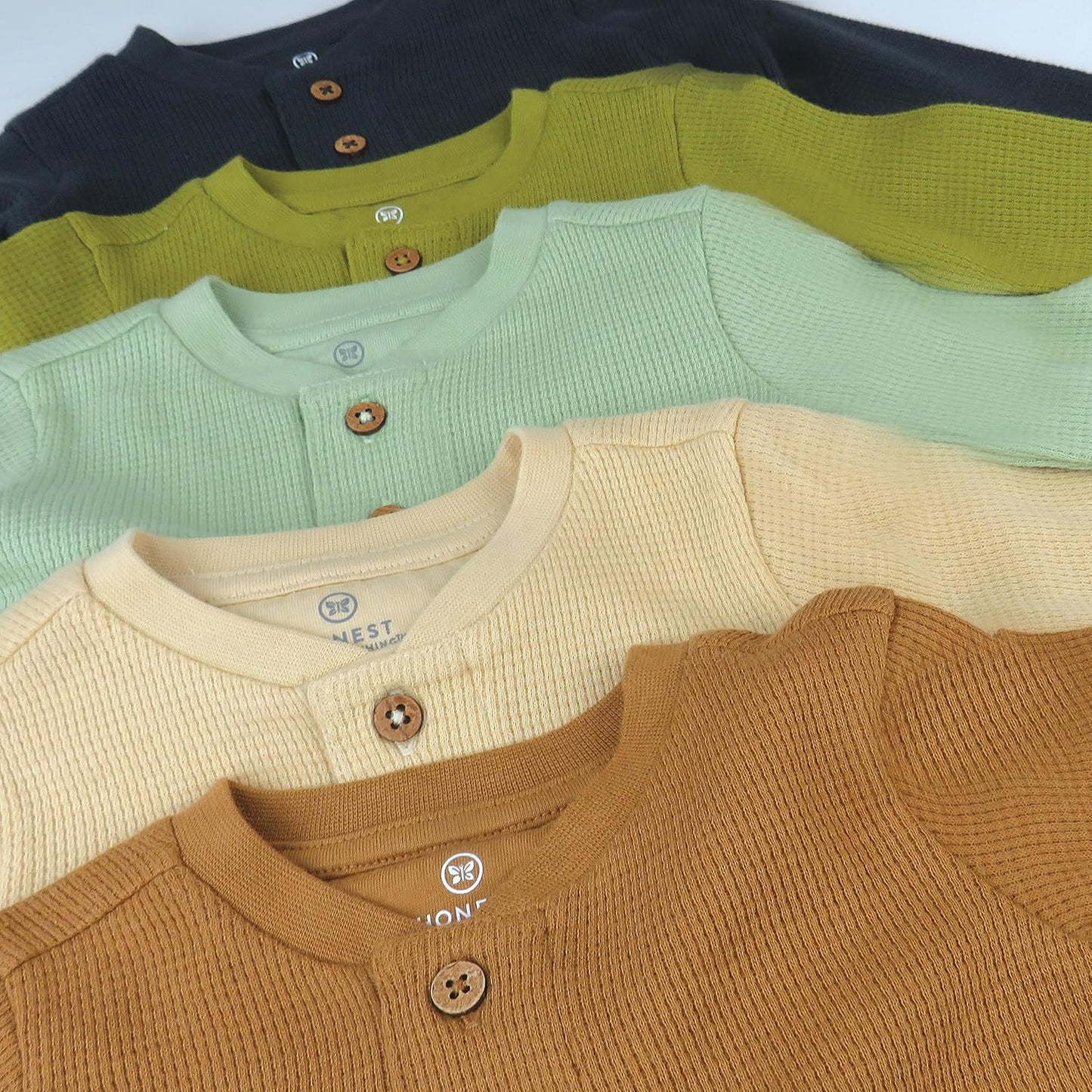 HonestBaby 5-pack Waffle Henley Long Sleeve Shirts 100% Organic Cotton for Infant Baby and Toddler Boys, Unisex